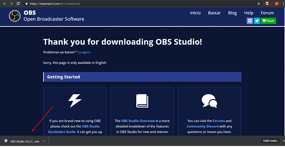 escolha o download do obs studio